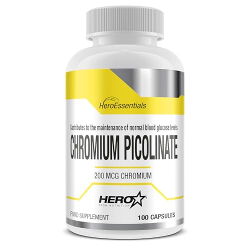 HERO TECH | CHROMIUM PICOLINATE 100 caps. | Picolinato de Cromo | Regula el Nivel de Glucosa en Sangre | reduce los antojos | Para Hombre y Mujer, vegano | Sin OGM (Organismos Modificados Genéticament