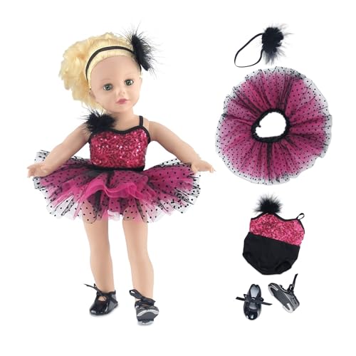 Emily Rose 18 Inch Doll Ballet Clothes - 4 Piece Pink Sequin Leotard, Tutu, Headband & Tap Shoes Set | Dance Recital Costume | American Girl Compatible - NO Doll