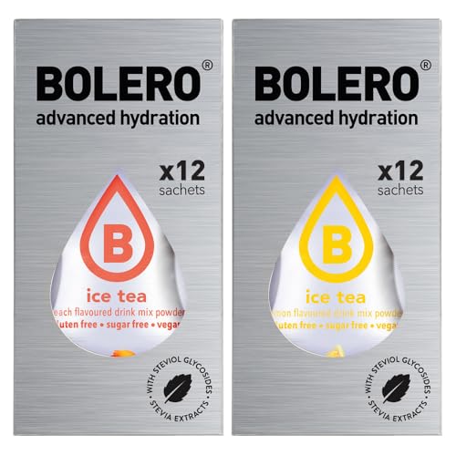 SET 24 BOLERO bustine da 3 grammi 12 Ice Tea Peach Pesca + 12 Ice Tea Lemon Limone Preparato istantaneo per Bevande con Stevia e Vitamina C e Senza Zucchero