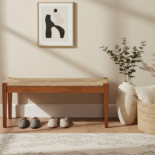 Image of Vintage Entryway Bench, 47 inch Acacia Wood Bench with Woven Seagrass Seat, Entryway Bench, Wicker Bench Indoor for Hallway, End of Bed, Rustic Farmhouse Boho Style, Indoor Decorative Bench (Brown)