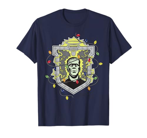 Universal Monsters Frankenstein Christmas Lights Crest T-Shirt
