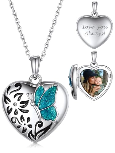 Custom4U Personalized 925 Sterling Silver Heart Locket Necklace that Holds Pictures Dainty Butterfly Locket Necklace for Women Her Custom Engraved Text&Photo Locket Pendant Jewelry Gifts (Gift Box)