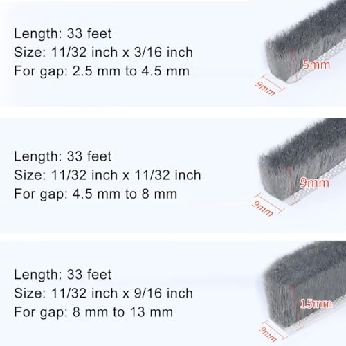 Image of 33 Ft Brush Weather Stripping Door Window Seal Strip, Self Adhesive Seal Strip Neat Pile Weatherstrip Draft Stoppers Soundproofing, Windproof, Dustproof, 11 /32 x 3 /16 inch Brush, Grey