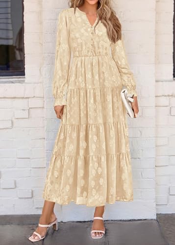 Image of KIRUNDO Spring Wedding Guest Dresses for Women 2026 Maxi Floral Long Sleeve Elegant Ruffle Tiered Flowy Party Long Dress