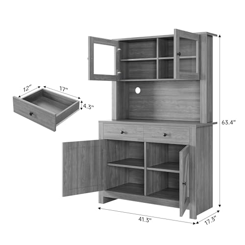 GarveeHome Farmhouse Pantry Cabinet, Kitchen Pantry Storage Cabinet with Microwave Stand, Rustic Buffet Sideboard with Sliding Door, Freestanding Cupboard with Shelves for Dining Room, Dark Grey