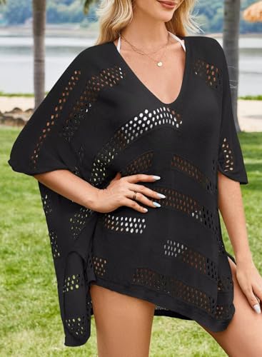 Women Bathing Suit Cover Up Summer Crochet Geometric Beach Swimsuit Coverup Mesh Knit Vacation Outfits Resort Wear4