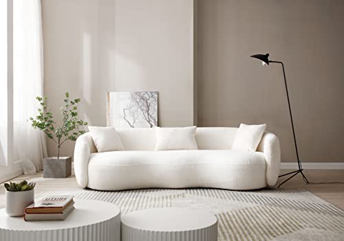 Image of KEIKI 94 inch Boucle Half Moon Curved Sectional Sofa with 3 Throw Pillows, Modern Style 4-Seater Teddy Fleece Leisure Couch with Curved Backrest, Easy Assembly, for Apartment, Living Room, Bedroom, Whtie