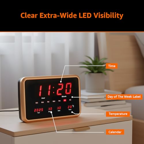 Image of Amazon Basics LED Digital Wall and Table Clock with Auto Brightness, Golden color, HIPS Material,USB Powered, 12 /24 Hour Format, Large Display for Living Room, Bedroom or Office (Size: 38 x 25 x 3.4 cm)