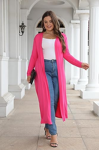Image of Women Plus Size Floor Length Open Front Drape Cardigan Lightweight Long Sleeve Maxi Duster with Pockets 1X-5X