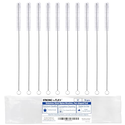 Image of Strong 'n Flex Nylon Straw Cleaner Brushes - Fan-Shaped End for Tight Spaces, Ideal for Reusable Straws, Water Bottles, Sippy Cups & Pipes - Includes Zippered Pouch - 12 inch Long - Set of 10