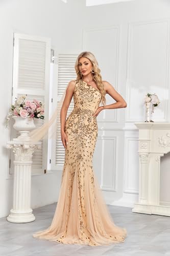 Image of One Shoulder Glitter Mermaid Dress for Mother of The Bride Women's Sexy Sequin Formal Gown