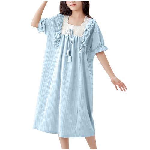 Lmdudan 4-18Y Girls Cotton Dresses Short Sleeve Square Neck Ruffle Dress Soft Comfy Cute Nightdress 2025 Trendy Sundresses