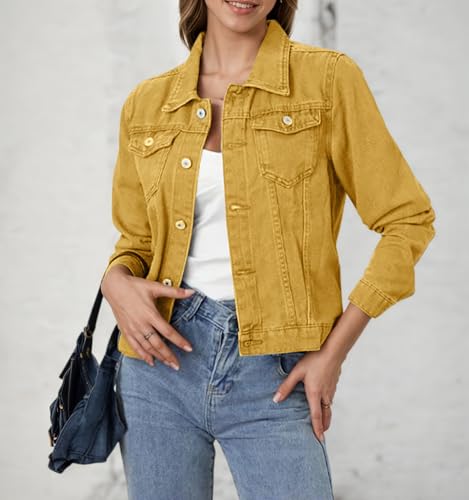 Women’s Cropped Denim Jacket Short Colored Lapel Button Down Long Sleeve Jackets Coats with Pockets 2025 Fall2