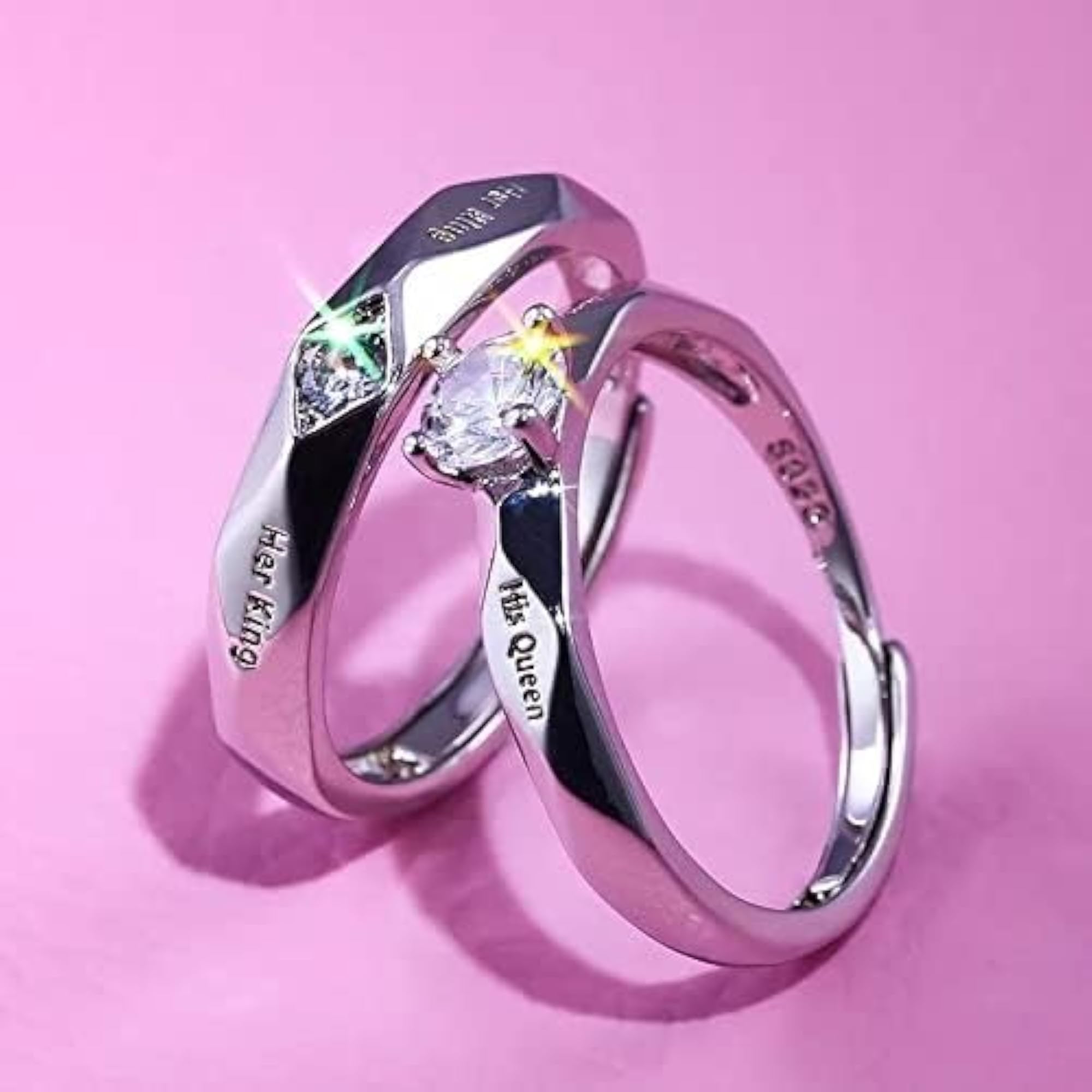 His and Her Adjustable Silver Couple Rings with Zirconia Stone