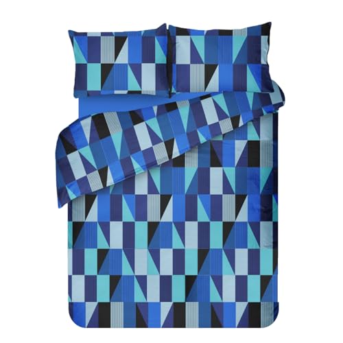 Velosso Geometric Striped Squares Blue Bedding Duvet Cover and Pillowcase Set Non Iron Easycare Quilt Cover and Pillowcase Set (Blue, Single)