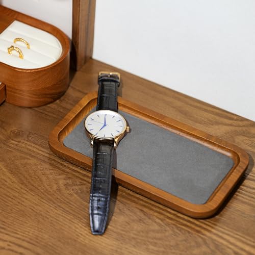 Oirlv Vassoio Per Gioielli In Legno Massiccio,Piccolo Vassoio Per Anelli,Orecchini, Bracciali, Portacollane,Organizer(Rettangolo,Grigio scuro) - immagine 4