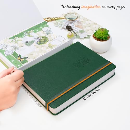 Image of NEORAH - A5 - ART JOURNAL | 200Gsm Dotgrid Notebook |160 Pages(21.0 x 14.8 cm) | Lay Flat |HardCover Bullet - Journal |3 Bookmarks |Elastic Closure| Inner BackPocket | Ideal-Bujo,Drawing (DARK GREEN)