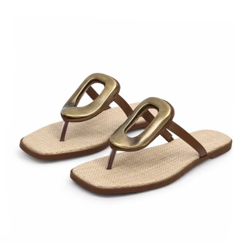 Image of Wnshonzy Flip-Flops for Women Thong Sandals Flat Slip on Slides Beach Comfort Open Square Toe Ladies Slipper Dressy Metal Hardware Decoration Summer Shoes Casual Fashion