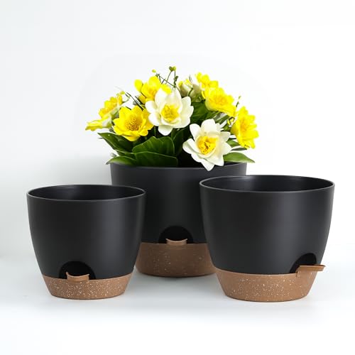Diivoo Paquete de 3 Maceta Autorriego Negra, Macetas Decorativas de riego automático de 10/9/8 Pulgadas con Orificios de Drenaje de Malla múltiple para Plantas de jardín de Interior y Exterior