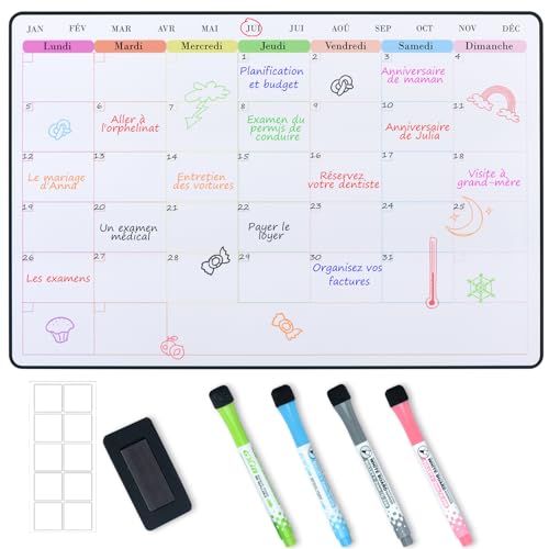 POPRUN Calendrier Magnétique Tableau Blanc pour Frigo 42x28CM, Planning Mensuel Effaçable, Planificateur Familial pour Tâches et Menus
