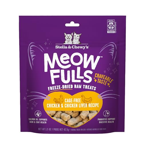 Stella & Chewy's Meowfulls Freeze Dried Cat Treats - Chicken & Chicken Liver Recipe - Raw Protein with Probiotics & Salmon Oil - 1 Calorie Per Treat - 1.5 oz
