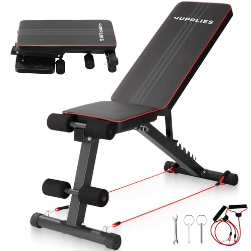JUPPLIES Banco de Musculación Plegable con 7 Niveles y 2 Bandas de Resistencia – Soporta 250 kg con Respaldo ajustable y Diseño Compacto para Entrenar en Casa y Rutinas Fitness