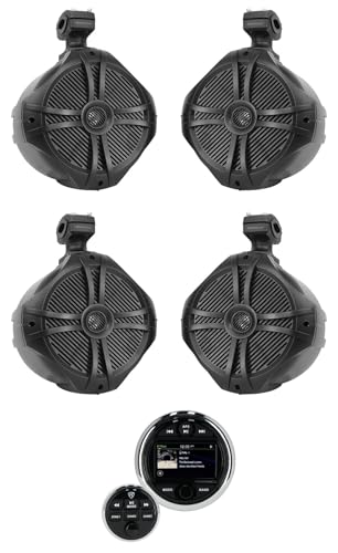 Rockville Bundle: (1) RGHR48A 4 Zone Marine Gauge Hole Receiver Bluetooth App Control+Remote Bundle with (2) Pair RWB90B Black 8