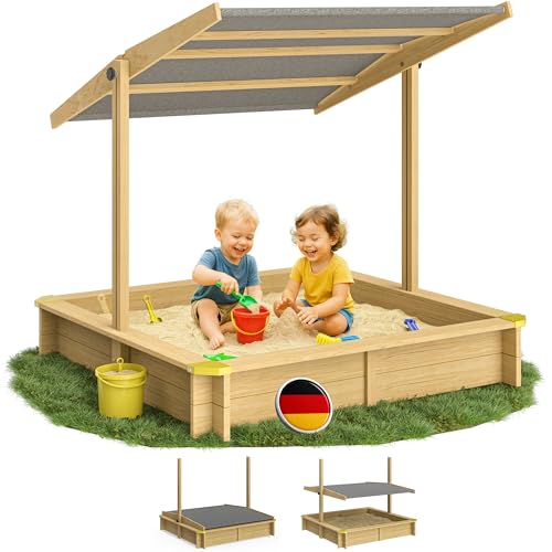 SPIELWERK® Bac à Sable en Bois Fritzi 140x140cm Tapis de Sol Toit réglable Protection UV 50+ Jeu pour Enfants extérieur Jardin