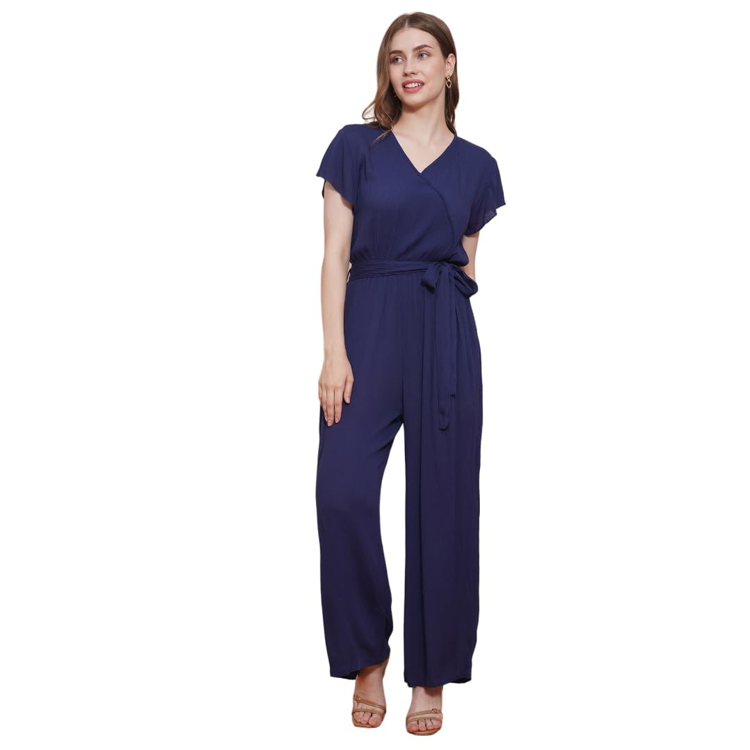 Women Wrap Neck Cap Sleeves Waist Tie-Up Wide-Leg Jumpsuit