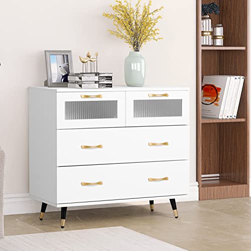 Yigobuy White Dresser, Modern Dresser For Bedroom, 4 Drawer Double Dresser With Wide Drawer And Metal Handles, Wood Dressers & Chests Of Drawers For Hallway, Entryway. #TOP1