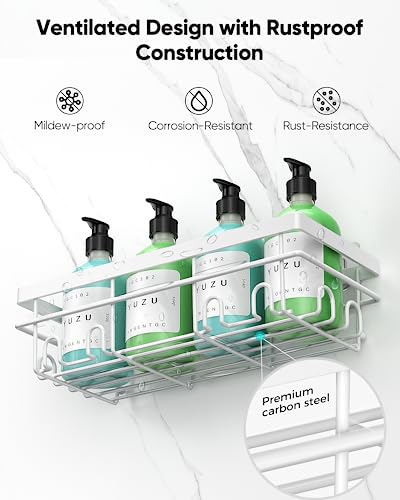 Pokipo Shower Caddy 5 Pack, Adhesive Shower Organizer With Soap Dishes & Toothbrush Holder & 20 Hooks, Large Rustproof Stainless Steel Bathroom Shower Shelf For Inside Shower Storage Decor, White #TOP2