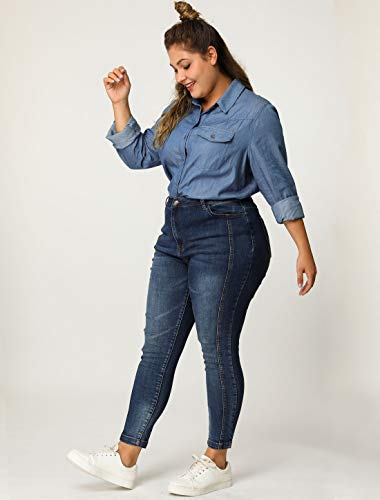 Agnes Orinda Women's Plus Size Denim Shirt Long Sleeves Chest Pocket Button Down Chambray Shirts3