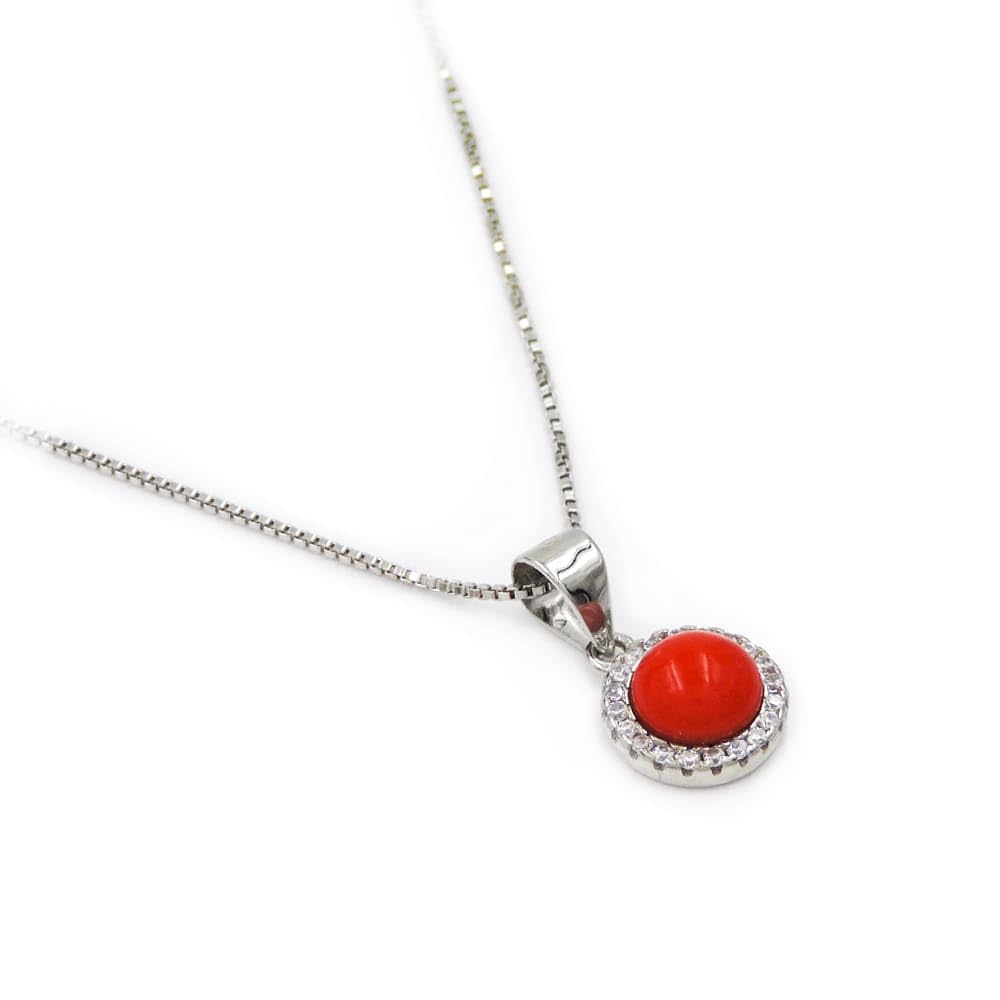 Collana in Argento 925 con Ciondolo Tondo con Corallo Rosso e Zirconia Bianca