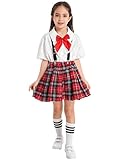 Aislor Girls' Kids Japanese Anime School Uniform British Style Costume Coat with Shirt Tie Mini Plaid Skirt Set White Bowknot 10 Years