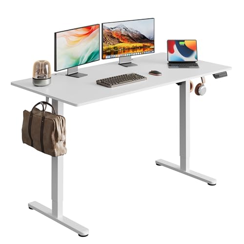 DEVAISE Höhenverstellbarer Schreibtisch 140 x 70 cm mit Einteiliger Tischplatte und Leisemotor, Sitz-Steh-Schreibtisch mit Memory-Funktion für 3 Höhen, Ergonomischer Computertisch für Büro, Weiß