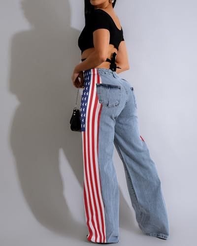 Women’s Jeans with American Flag Patchwork Stripes High Waist Loose Straight Wide Leg Denim Pants4