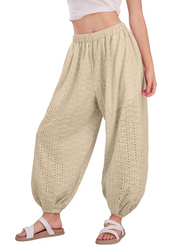 utcoco Womens Eyelet Lace Beach Palazzo Harem Pants Casual Loose Embroidery High Waist Cotton Trousers with Pockets