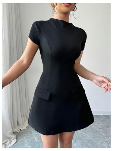 Image of SOLY HUX Women's Mock Neck Short Sleeve Dress A Line Flared Mini Dresses Pure Black Medium