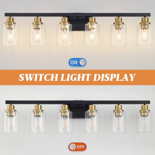 Image of 6-Light Vanity Lights Bathroom Light Fixtures,Black and Gold,37 inch | Modern Bathroom Vanity Light over Mirror with Clear Glass Shade,Farmhous Wall Mounted for Bathroom,E26 Base
