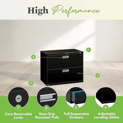 Image of HON 2 Drawer Lateral File Cabinet with Lock, Metal Filing Cabinets for Offices, Hanging Files, and Under Desk, 18 inch Deep, Black