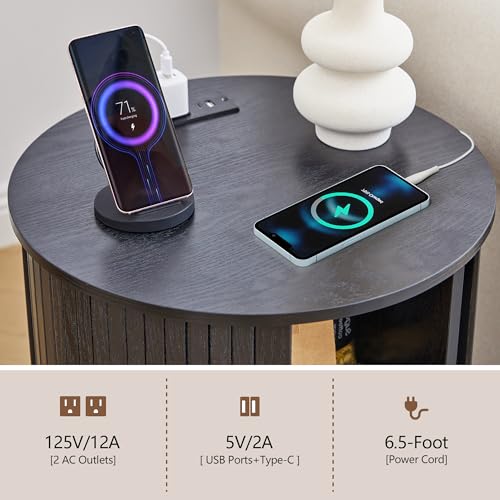 Image of 18 inch Round End Table, Modern Wood End Side Table with Charging Station - 2 AC + USB + Type-C, Fluted Nightstand with Sliding Door for Living Room, Bedroom (18 Inch, Black)