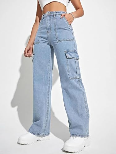 Image of Glossia Fashion High Waist Cargo Denim Jeans for Women Wide Leg Stretchable Straight Fit Jeans(WJ1-1215-$)