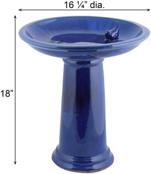 Esschert Design Ceramic Bird Bath and Pedestal, Cobalt Blue