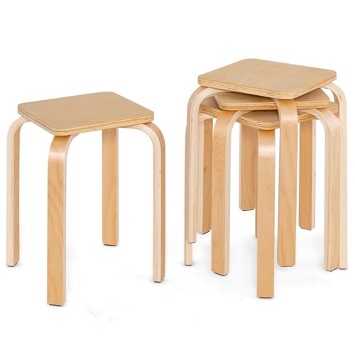 Image of GLACER Stackable Stools, 18-Inch Wooden Student Chair Set of 4 w /Square Top, Anti-Slip Foot Pad, Flexible Seating for Elementary, Classroom Stools for Dining Room Office Kitchen (Natural)