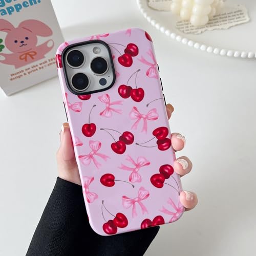 DEFBSC Case for iPhone 16 Pro Max, Cute Pink Bow Cherry Print Aesthetic Trendy Pattern for Women Girls Slim Durable Bumper Shockproof Hybrid Hard Back Phone Cover, Big Ribbon/Glossy - Image 3