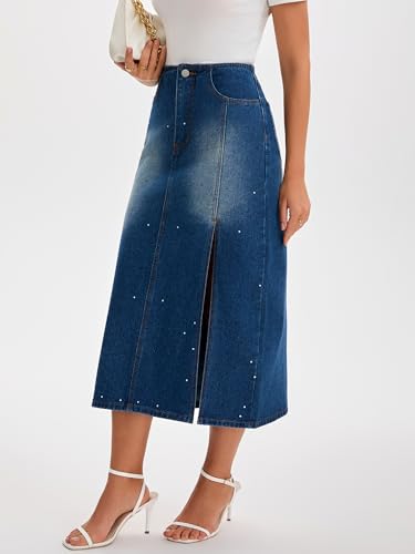 Women's Denim Skirt Side Split Rhinestones High Waist Pencil Midi Jean Skirts2