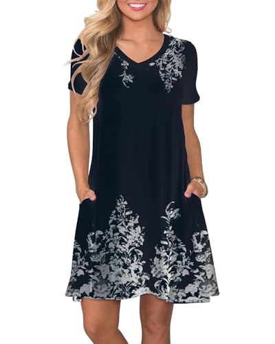 Image of COSSEN Women's Casual T Shirt Dress V-Neck Short Sleeves Swing Dresses Birthday Party Summer Travel Beach with Pocket