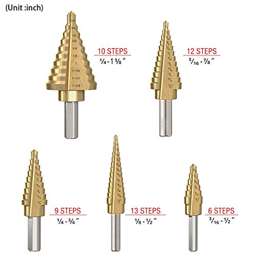 Hyclat Titanium Step Drill Bit Set & Automatic Center Punch - High-Speed Metal Steel Drill Double Cutting Blades, Hss Cobalt Multiple Hole 50 Sizes, With Aluminum Case Or Canvas Bag #TOP4