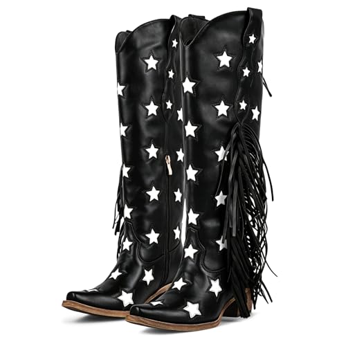 Image of richealnini Western Thigh High Cowboy Boots with Fringe Over Knee Wide Calf Cowgirl Boots