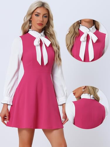 Image of Allegra K Tie Neck Dresses for Women's 1960s Vintage Long Sleeve Contrast Color Dress